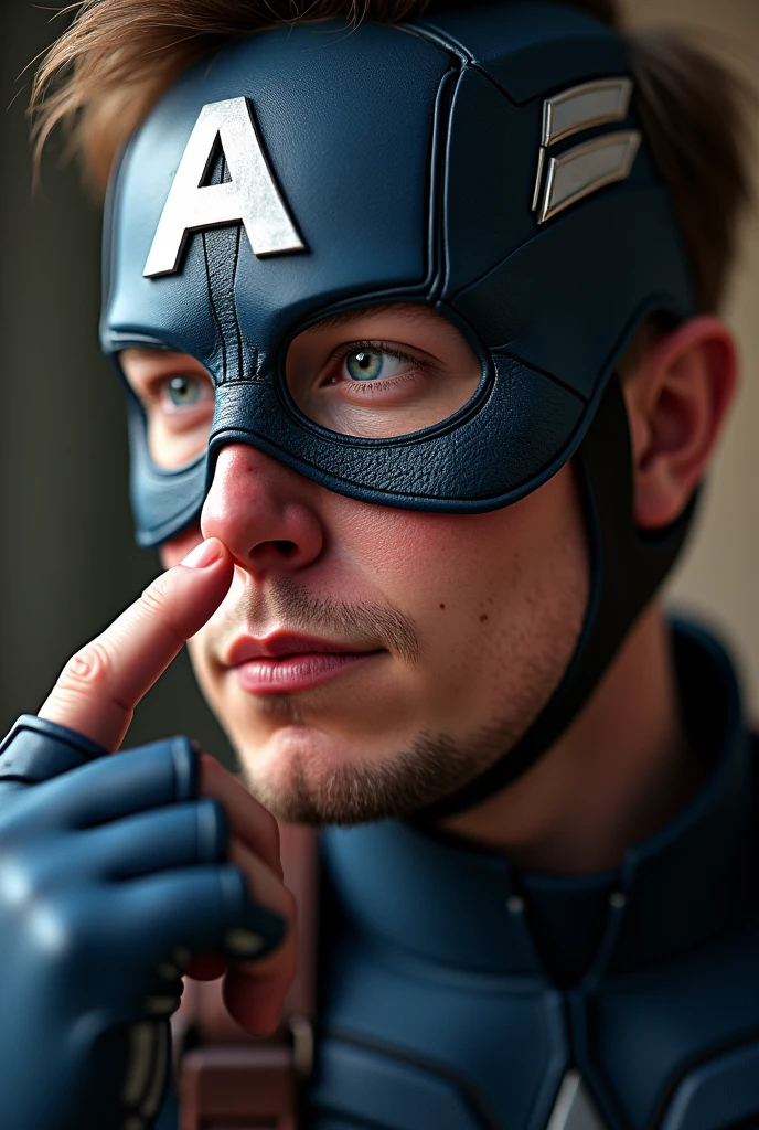 (CRU photo:1.2), (photorrealistic:1.4), Elon Musk wearing Captain America outfit, nor the mask, very detailed eyes and face, beautiful detailed eyes, whole body, 4k resolution, high quality model, high détail, High definition, light on the face, cinematic lighting put a finger inside his right nostril