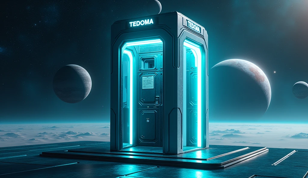 Há uma cabine telefônica no space com planetas ao fundo, rendered in keyshot, police station, futuristic cabins, cabine no estilo TRON LEGACY, represented as a 3D rendering, 3D rendering beep, space, police box, TEDOMA written at the top of the cabin, promotional rendering, sci-fi magic highly detailed