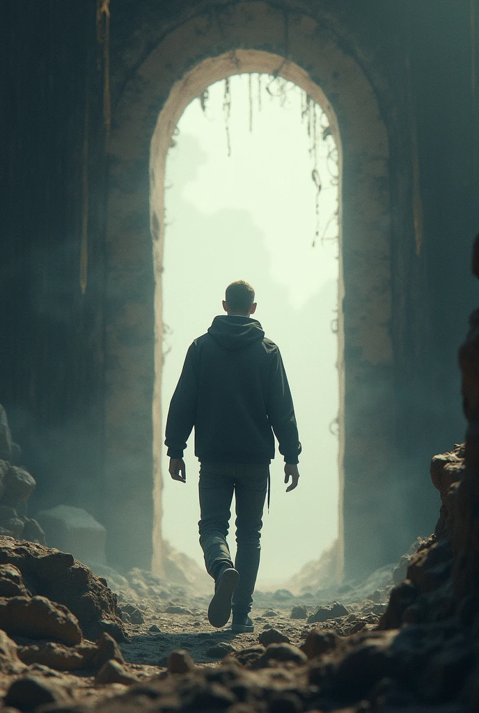Human entering an unknown portal, realist