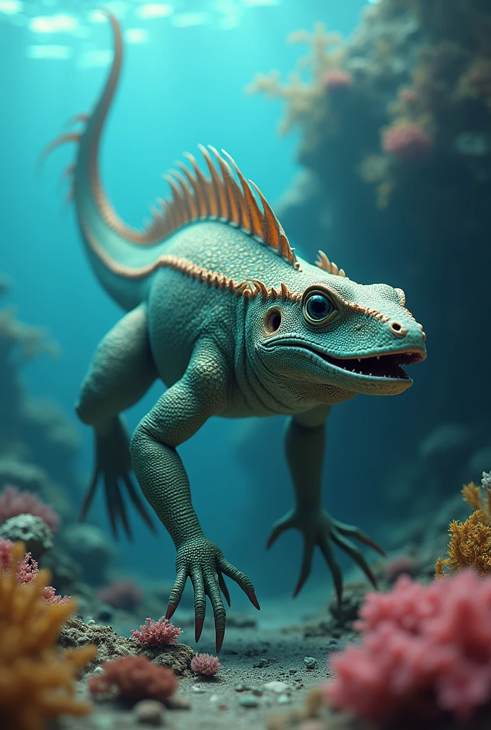 Can you please make an image of a new species that evolved as a combination of a lizard that later became marine with fins, that has similarities to a fish but is a lizard, please?