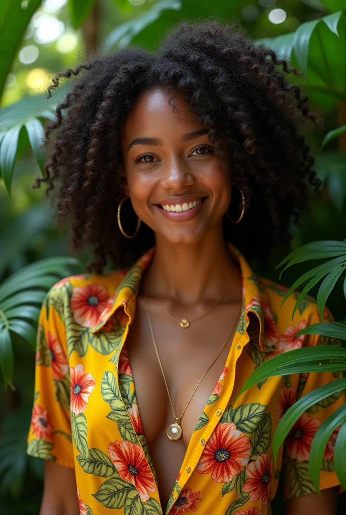 A Brazilian woman in a lush tropical garden, wearing a floral pattern open-chest shirt, with a close-up capturing the harmonious beauty between her breasts and the natural flowers, showing her natural charm and extroverted personality.