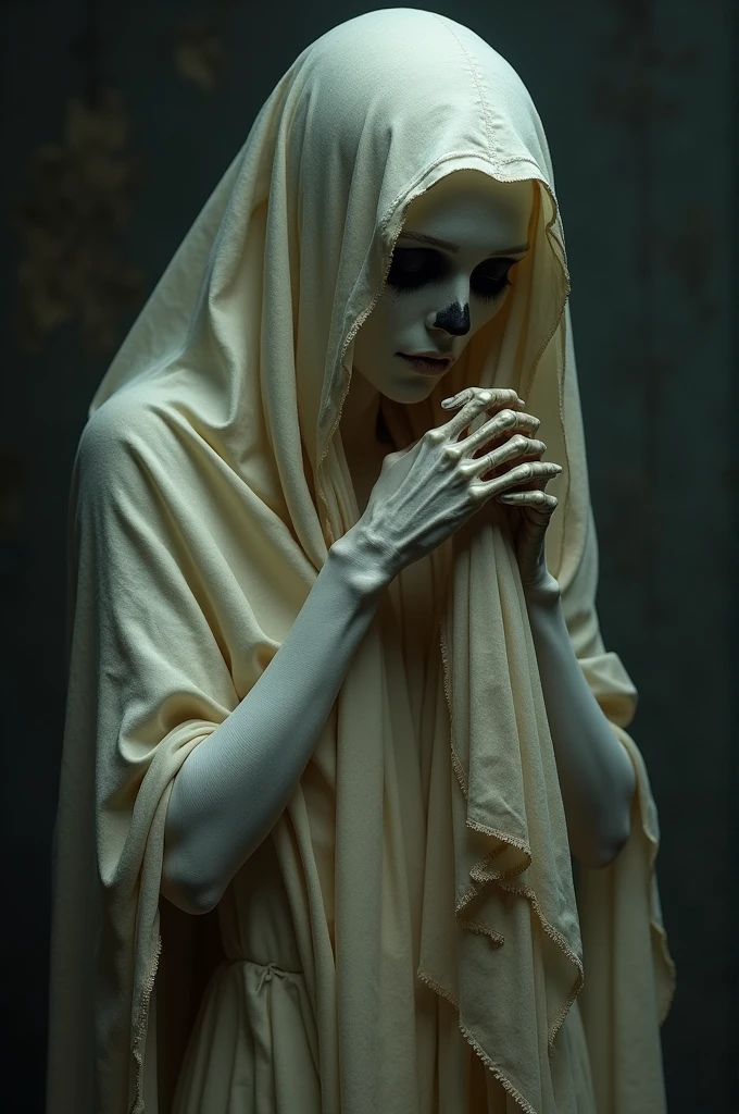 bony hand, porcelain skin and pale, clinging to an old silk cloth.
