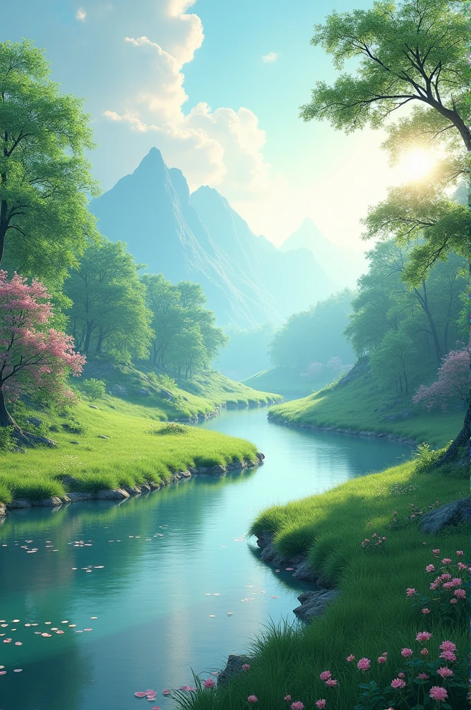 Create a breathtaking landscape with a serene river curving through a lush forest. The trees are vibrant green, and the path alongside the river is lined with soft, pink petals, gently scattered on the ground. The water reflects the surrounding greenery and pink blossoms, creating a mirror-like effect. In the background, there are distant, mist-covered mountains under a calm, cloudy sky. The atmosphere should be tranquil, with a hint of early morning light filtering through the trees."
This prompt should help you capture the essence of the scene.