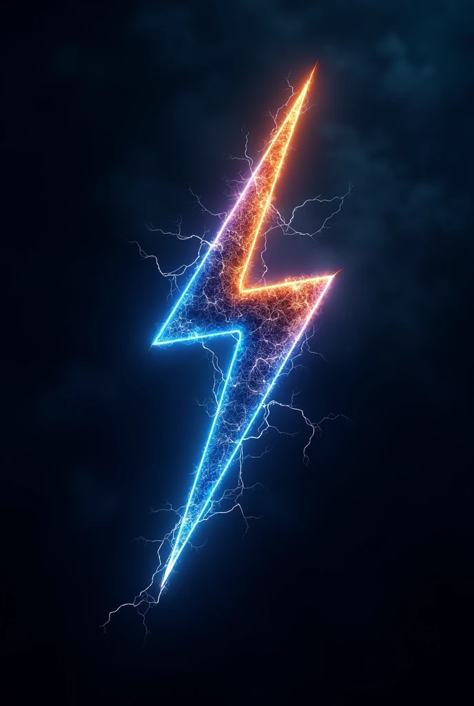 Create a 4D, 4K logo-like image in the shape of a lightning bolt with blue and orange colors and a completely black background.