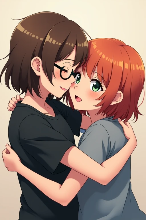 2 girl, friends, hugging tightly, emo/scene atrstyle. The first girl with brown slightly long hair a little messy and not straggly, the main length lies on the shoulders and a slanting fringe covering the left eye, gray-blue eyes and a black T-shirt, with round glasses, a little shorter, more cheerful. The second girl is reddish-orange slighty long hair, about the same hairstyle as the first girl only more neat and slightly round, quite lush hair and bangs in different directions across the forehead, dark green eyes, gray-blue T-shirt, slightly taller, more calm.