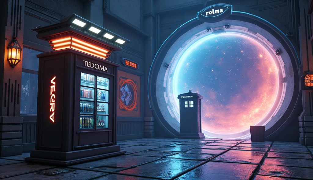 There is a phone booth with planets in the background, rendered in keyshot, location is inside, cabine cyberpunk, futuristic cabins, represented as a 3D rendering, 3D rendering beep, portal in space, police box, written TEDOMA, promotional rendering, sci-fi magic highly detailed, not beeple style, sci-fi vending machine,
