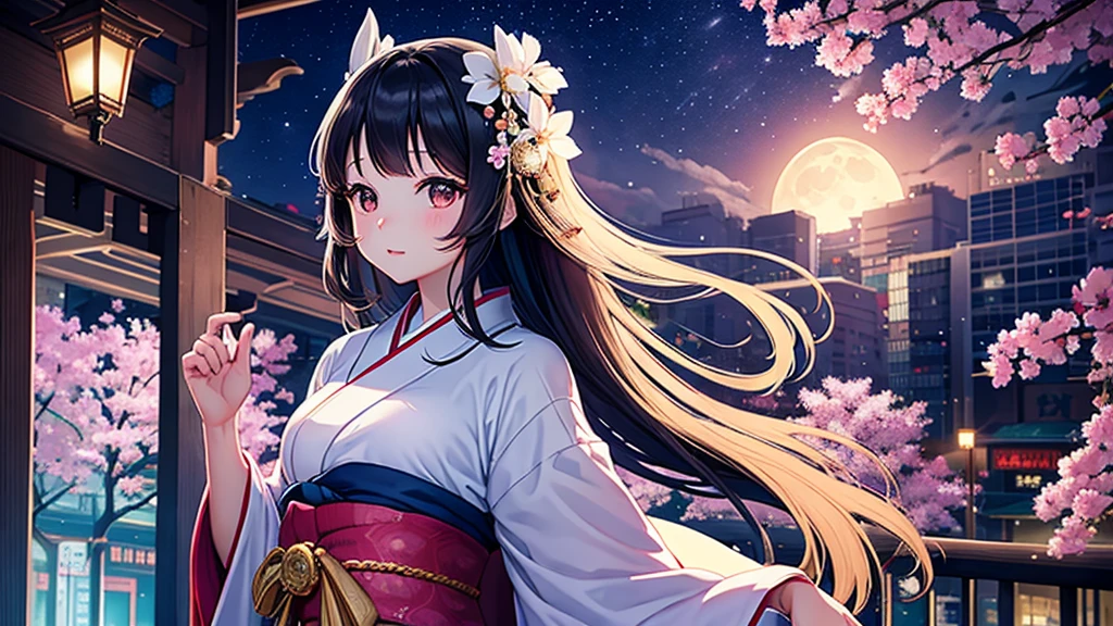 Princess Kaguya、16age、Upper Body、beautiful girl、Shibuya、Moonlit Night、She is wearing a gorgeous kimono.