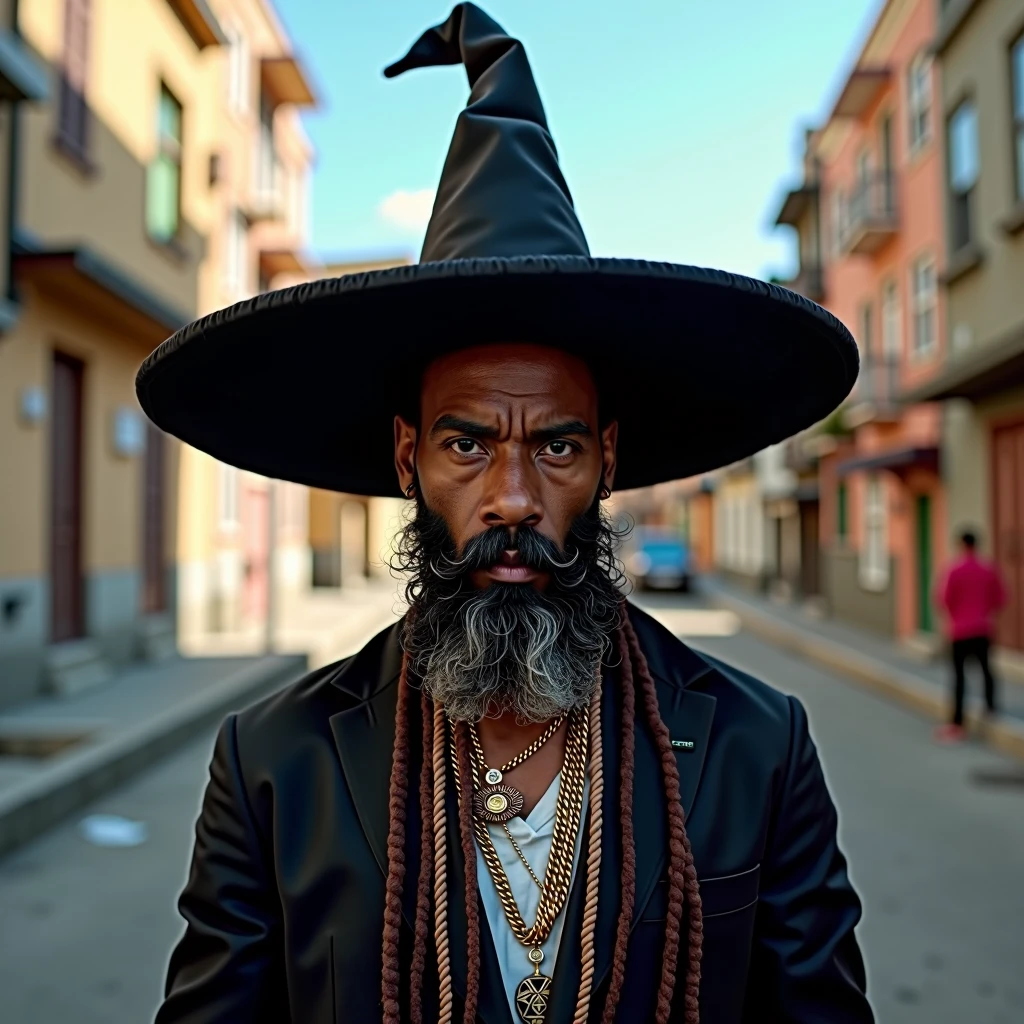 Hip hop album cover. A man around 44 years old, skin fair, descendant of African with indigenous woman. this man is bald, with a full beard on his face and large, a black wizard-style hat on his head, the hat covers his eyes, highlighting his nose and beard, with urban clothes typical of a history professor who likes indigenous shamanic culture , the cover would also be in a city, like a well-organized and clean slum, On a sunny day ....
