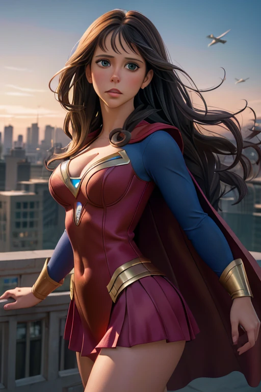 Young Jennifer Love Hewitt dressed as Supergirl in the 1990s,beautiful detailed eyes,beautiful detailed lips,extremely detailed eyes and face,long eyelashes,Supergirl's iconic costume,stunning red and blue outfit,resolute expression,confident posture,flying above a cityscape,clear blue sky,high-quality,ultra-detailed (best quality,4k,8k,highres,masterpiece:1.2),photorealistic lighting,stunning portrait style,vibrant colors,shining cape,sharp focus,crisp details,flying with great speed and power,inspiring and heroic scene.