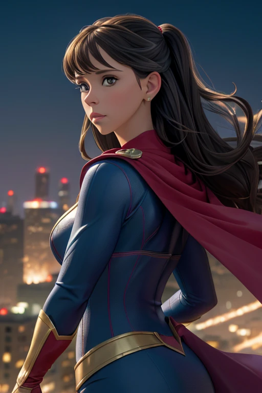 Young Jennifer Love Hewitt dressed as Supergirl in the 1990s,beautiful detailed eyes,beautiful detailed lips,extremely detailed eyes and face,long eyelashes,Supergirl's iconic costume,stunning red and blue outfit,resolute expression,confident posture,flying above a cityscape,clear blue sky,high-quality,ultra-detailed (best quality,4k,8k,highres,masterpiece:1.2),photorealistic lighting,stunning portrait style,vibrant colors,shining cape,sharp focus,crisp details,flying with great speed and power,inspiring and heroic scene.