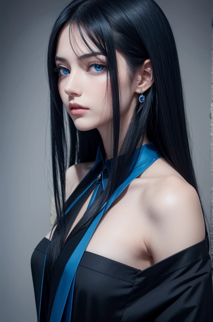  moonligh, hair long black, skin fair, blue colored eyes, dark blue clothes, colar de moonligh, estrale