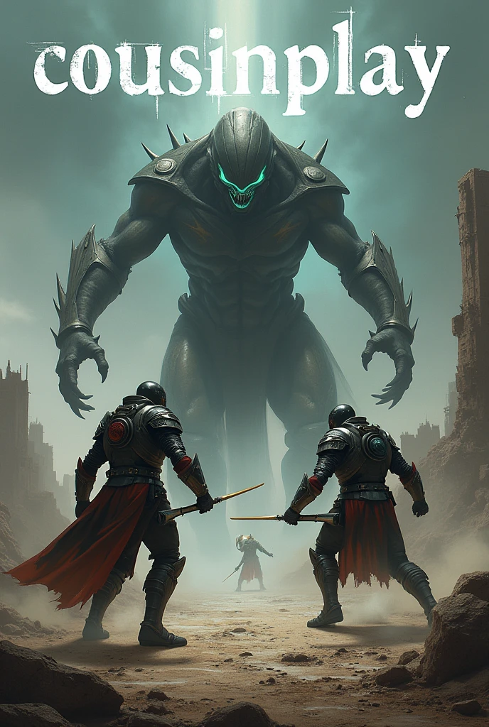 Two futuristic medieval soldiers, In an apocalyptic world, with the name written cousinplay in the sky, struggling with a monster