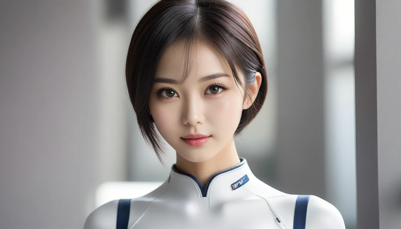 8k, Ultra-high resolution, Highest quality, masterpiece, 三分割法によるphotograph,Surreal, photograph, 1 , (:1.3), cute, cute顔, 細部までBeautiful Eyes, 細かくdetailedに,masterpiece,One Girl:1.2,Japanese women,Young Wife,upper body,smile,Black Short hair,Straight hair,(Space Suit:1.3),(Beautiful attention to detail),Subtle details, detailedな顔, smile,魅力的なsmile,Gray background,(ポートレートphotograph:1.4),(Photorealistic images:1.4),Fantasy art,(Beautiful Face:1.4),Beautiful and attractive eyes、Beautiful Eyes、(Tight waist:1.4)、(Beautiful with perfect body proportions:1.4),Pink Lips,(((Ideal body type))),A-cup small breasts :2,Perfect Anatomy、鮮明なdetailed、detailed,Fashion magazine cover,Thin lips,完璧でBeautiful Face ,完璧でcute顔, Skin with attention to detail, Perfect limbs、Narrow waist,Surreal,Light and shadow,spotlight