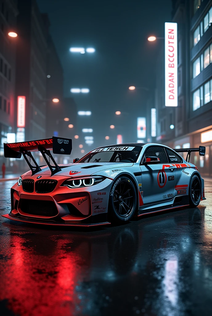 clearing! Here is a prompt to generate a stylized racing image:
"Create an image of a BMW 1 Series with the iconic BMW M3 GTR look from the game 'Need for Speed: Most Wanted'. The BMW 1 Series should have a bright metallic paint, graphics with an aggressive design. Include details such as high-performance sports wheels, pronounced aerodynamics and customization elements like spoilers and racing stickers. The environment must be urban, with night lighting that highlights the car's sporty and dynamic look."