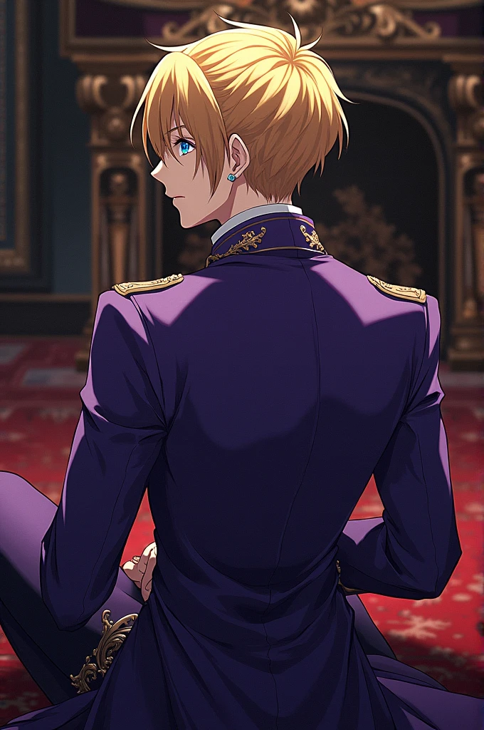 Create a drawing of Alois Trancy from Black Butler sitting with his back to the viewer.