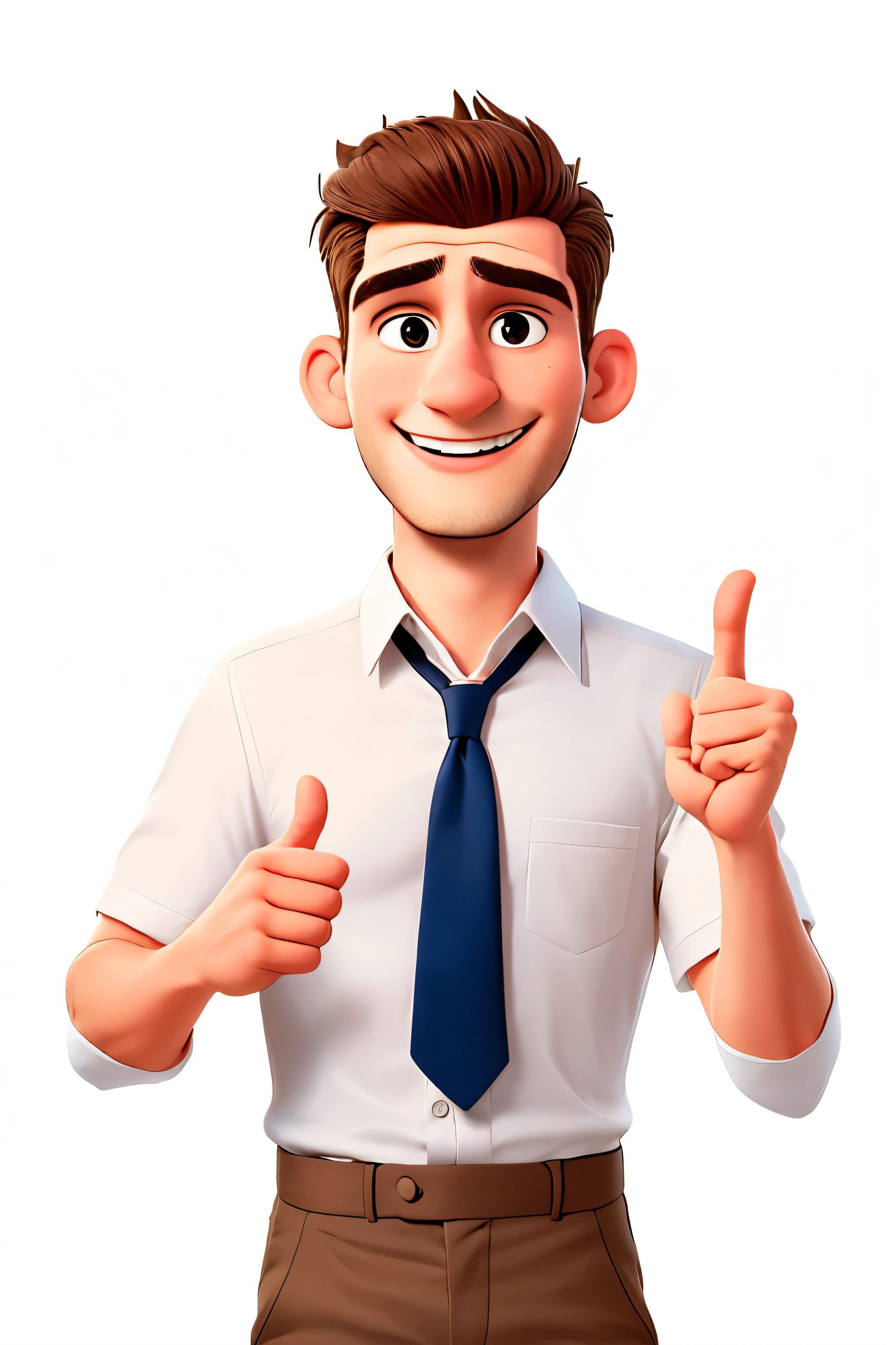 Max, a 28 year old man, (((with an enthusiastic expression, pointing to the side with one hand, as if it indicated something important))) with semi-formal shirt, Disney Pixar style., high quality, Best Quality.. White background. ((Half body))