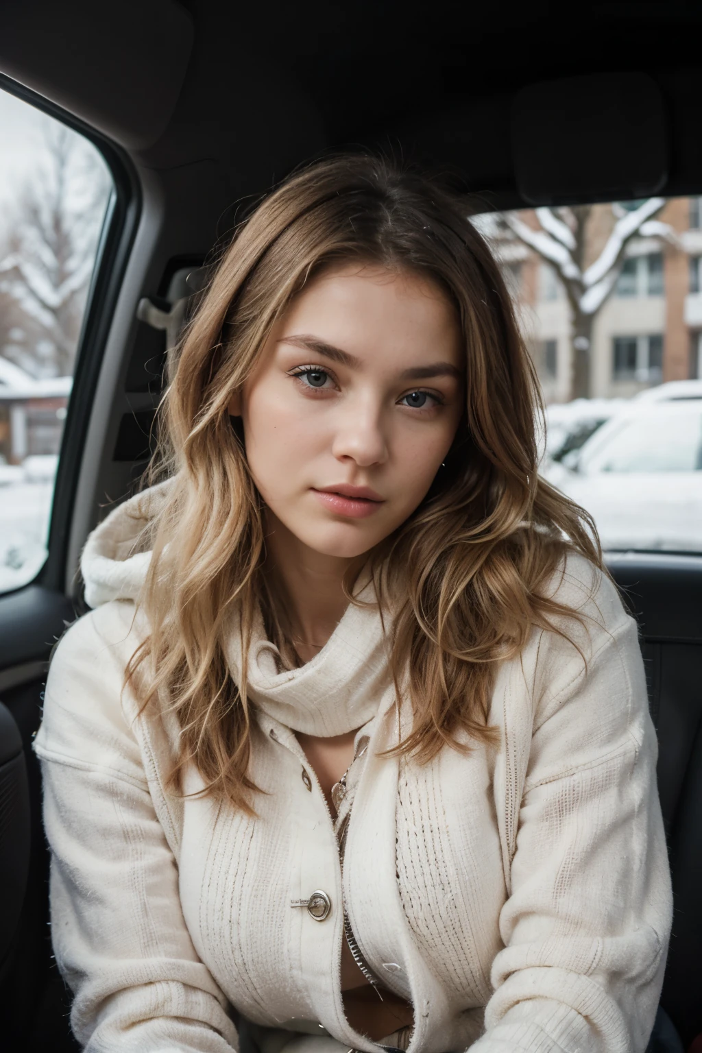 (((best quality))), (((artwork))), (((detailed))), 1 girl, in a car, very beautiful, blonde hair, captivating look, with chic winter clothes