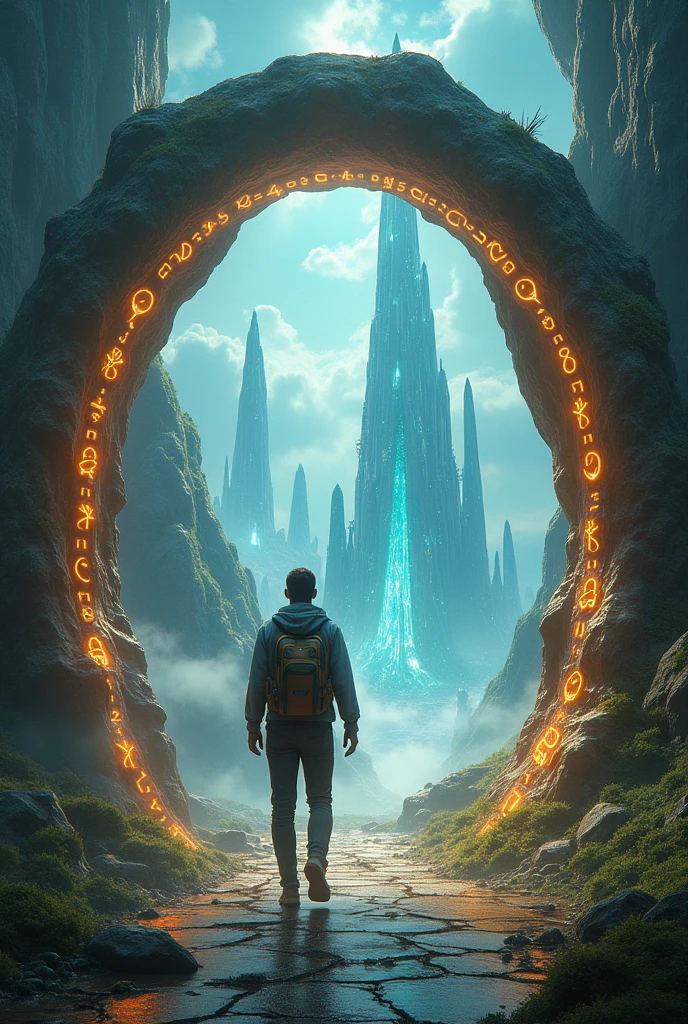 Human entering an unknown portal full of magic, realist