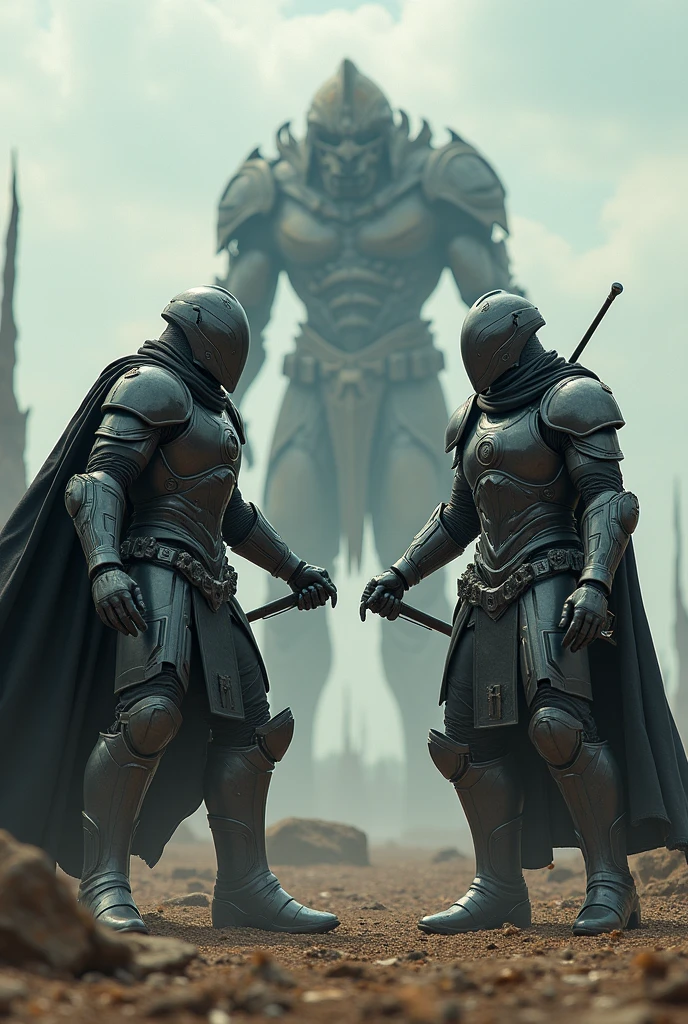 Two futuristic medieval soldiers, In an apocalyptic world, with the name written cousinplay in the sky, struggling with a monster