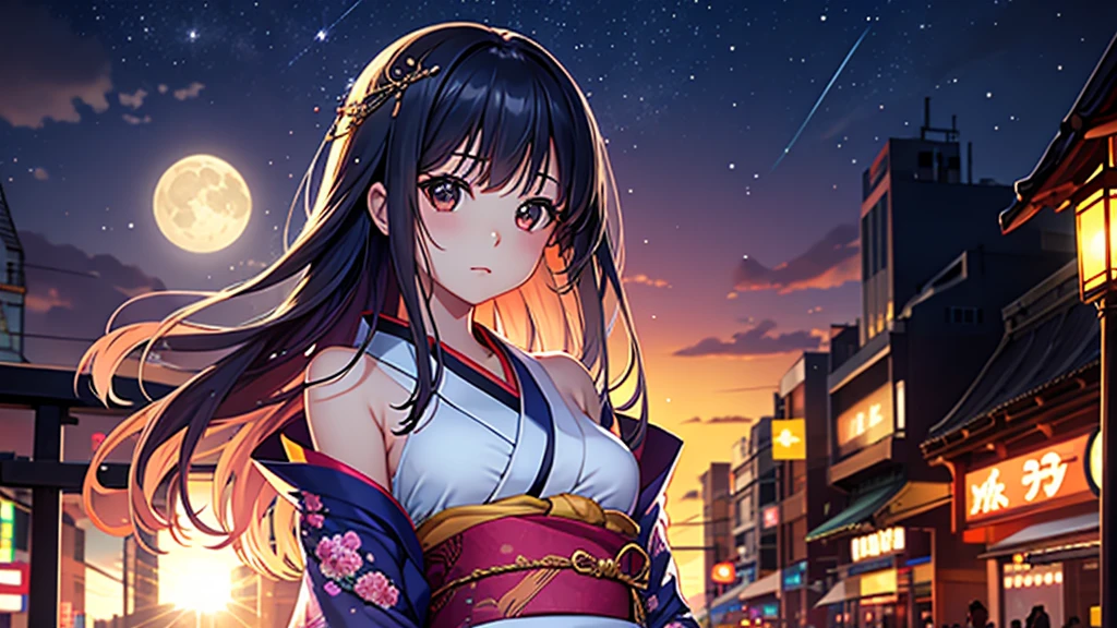 Queen、16age、Upper Body、beautiful girl、Shibuya、Moonlit Night、She is wearing a gorgeous kimono.