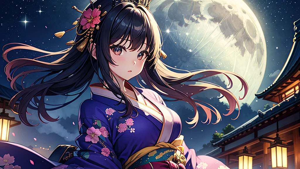 Queen、16age、Upper Body、beautiful girl、Shibuya、Moonlit Night、She is wearing a gorgeous kimono.