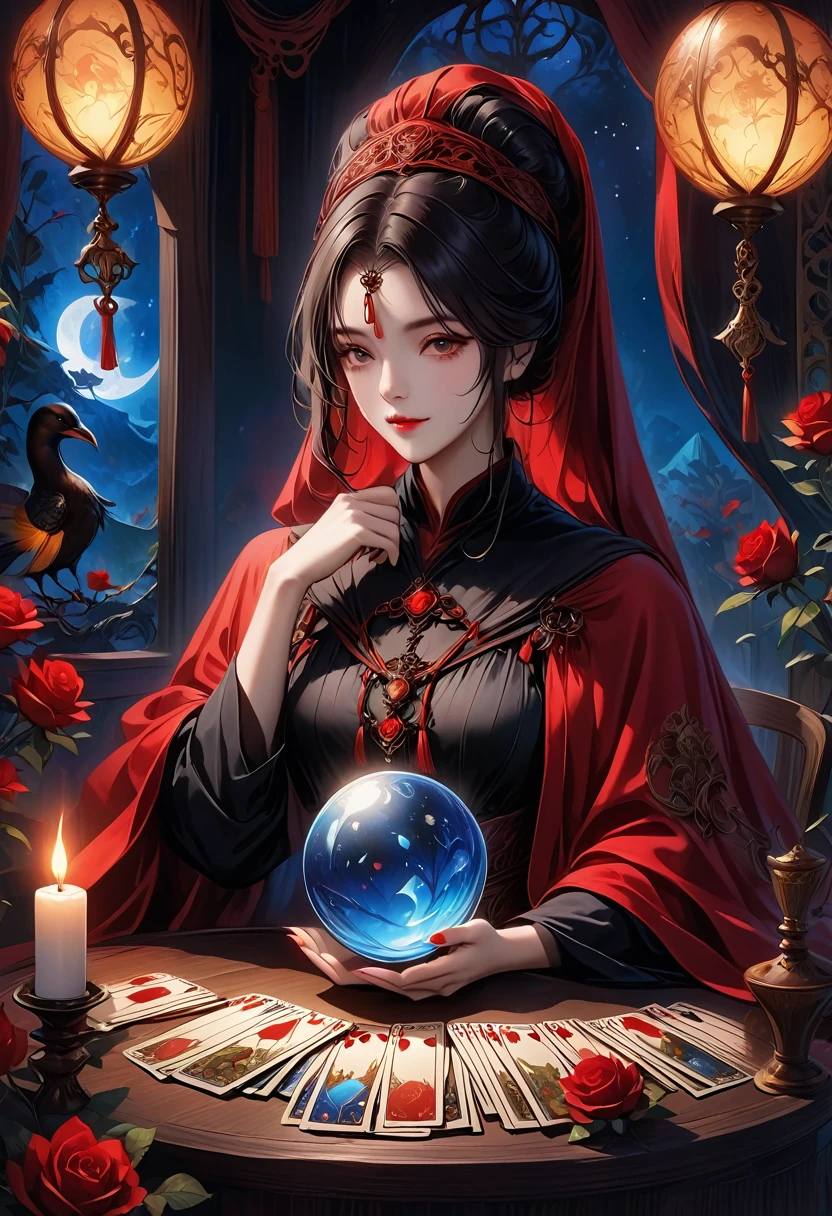 A beautiful and mysterious fortune teller in a compact and intriguing setting. The fortune teller is wearing a cloak, with exquisitely detailed facial features. 

The scene is dimly lit, creating an atmosphere of uncertainty and anticipation. The fortune teller is sitting at a table, which is adorned with tarot cards, a crystal ball, and a deck of tarot cards. The table is surrounded by wax candles, adding to the mysterious ambiance. 

The lighting in the room is dark, casting intriguing shadows that enhance the mystical atmosphere. The fortune teller is holding a tarot card, gazing into its symbols to provide insights into the future. 

The overall artwork should be of the best quality, with a resolution of 4k or 8k. The level of detail should be ultra-detailed and realistic, almost approaching photorealism. 

The artistic style should reflect an official aesthetic, with vivid colors and strong contrasts. The color tones should enhance the mysterious and mystical themes of the artwork. 

The fortune teller's cloak is adorned with an intricate design, featuring metallic borders with a thickness ratio of 1.5. Additionally, there should be decorative rose borders incorporated into the composition. 

The scene should have a magical aura, resembling a night sky filled with stars. The fortune teller's expression should convey a sense of mystery and intrigue.