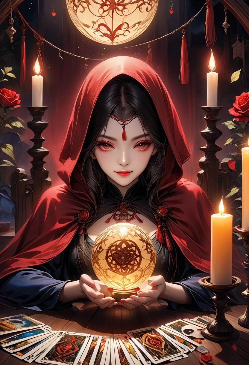 A beautiful and mysterious fortune teller in a compact and intriguing setting. The fortune teller is wearing a cloak, with exquisitely detailed facial features.
The scene is dimly lit, creating an atmosphere of uncertainty and anticipation. The fortune teller is sitting at a table, which is adorned with tarot cards, a crystal ball, and a deck of tarot cards. The table is surrounded by wax candles, adding to the mysterious ambiance.
The lighting in the room is dark, casting intriguing shadows that enhance the mystical atmosphere. The fortune teller is holding a tarot card, gazing into its symbols to provide insights into the future.
The overall artwork should be of the best quality, with a resolution of 4k or 8k. The level of detail should be ultra-detailed and realistic, almost approaching photorealism.
The artistic style should reflect an official aesthetic, with vivid colors and strong contrasts. The color tones should enhance the mysterious and mystical themes of the artwork.
The fortune teller's cloak is adorned with an intricate design, featuring metallic borders with a thickness ratio of 1.5. Additionally, there should be decorative rose borders incorporated into the composition.
The scene should have a magical aura, resembling a night sky filled with stars. The fortune teller's expression should convey a sense of mystery and intrigue.