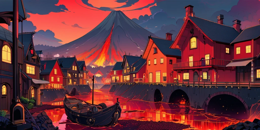 Dessinez une affiche d'anime lofi, village, volcan, Décoration Steampunk, lave, Lumière, une belle palette de couleurs en noir rouge, couleurs saturées vibrantes, ouvrages d'art, les jours, thème animé