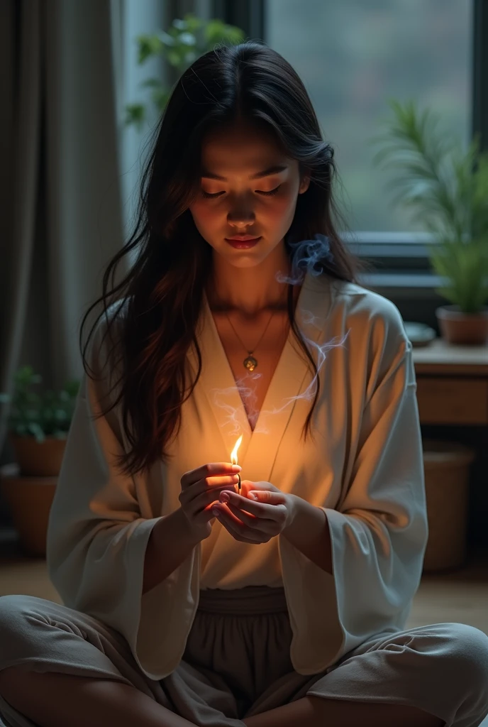 Woman lighting incense