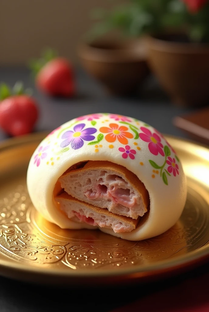 Saku stuffed with pork in a colorful flower pattern, placed on a gold tray with Thai patterns.