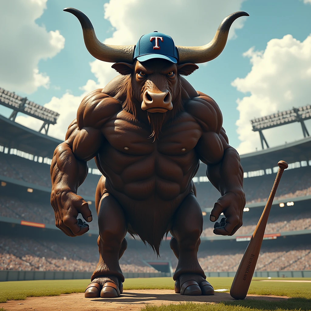 A giant bull with big horns,Furious and big muscles standing in a baseball stadium at his feet and with a baseball bat in his right hand a blue cap with the letter T