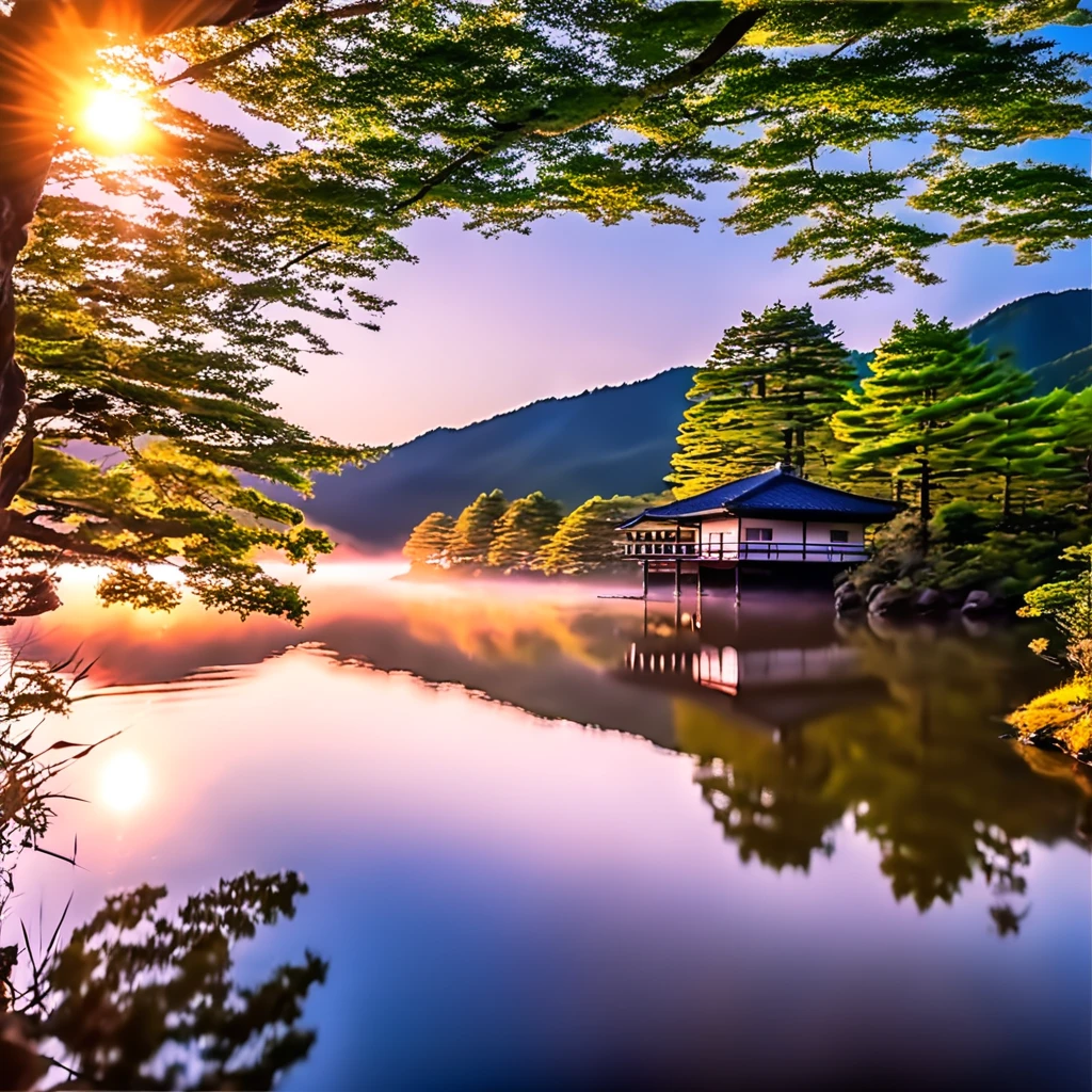 Good morning Japanese summer midnight, sunrise quiet time, calm mind, peaceful time flows,((highest quality, 8K, masterpiece: 1.3)),