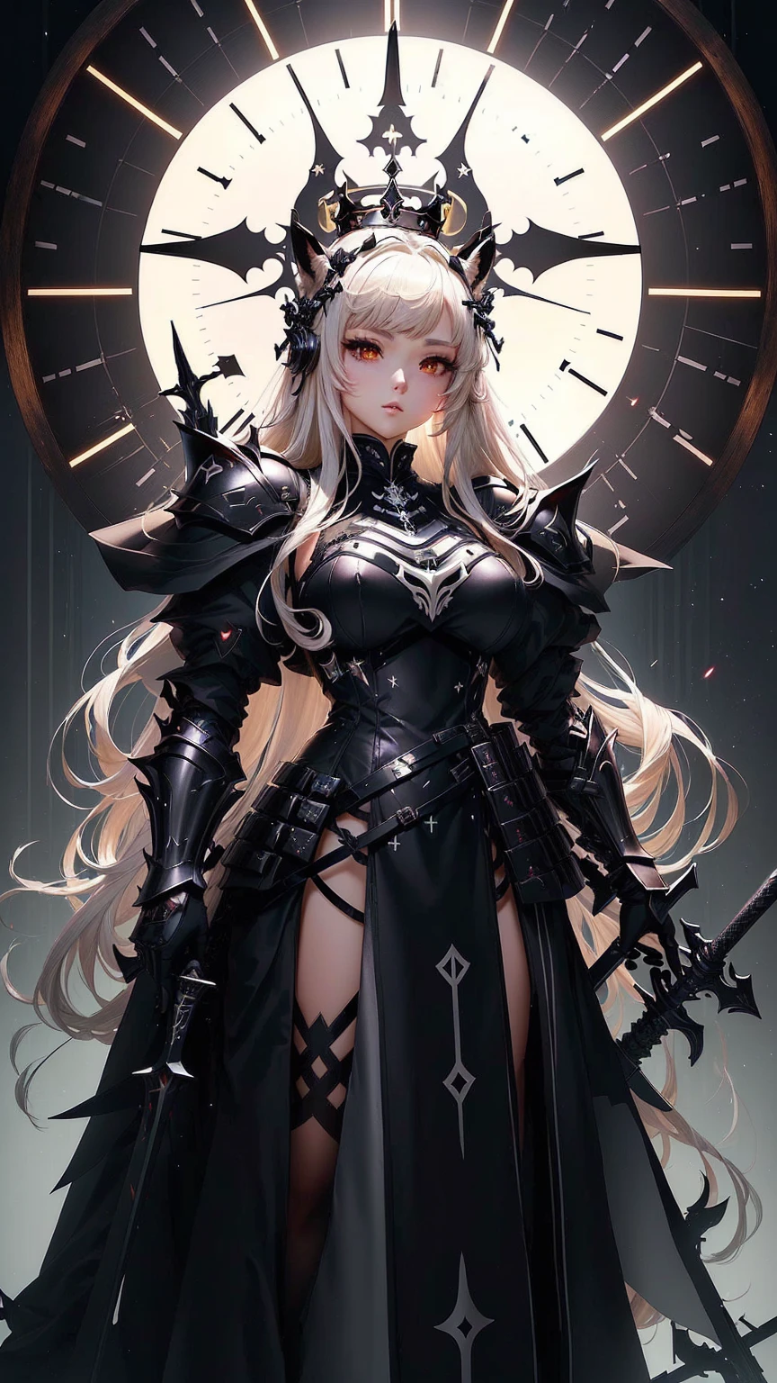 a neutral tan bunnygirl in a black dress with a sword and a large clock, from arknights, pale black armor, armor girl, arknights, beautiful armor, black armor, of a beautiful female knight, dark armor, stunning armor, with an armor and a crown, holy armor, wearing a dark armor, black armour, gothic armor, female knight,kemonomimi mode, usagimimi, by Yang J