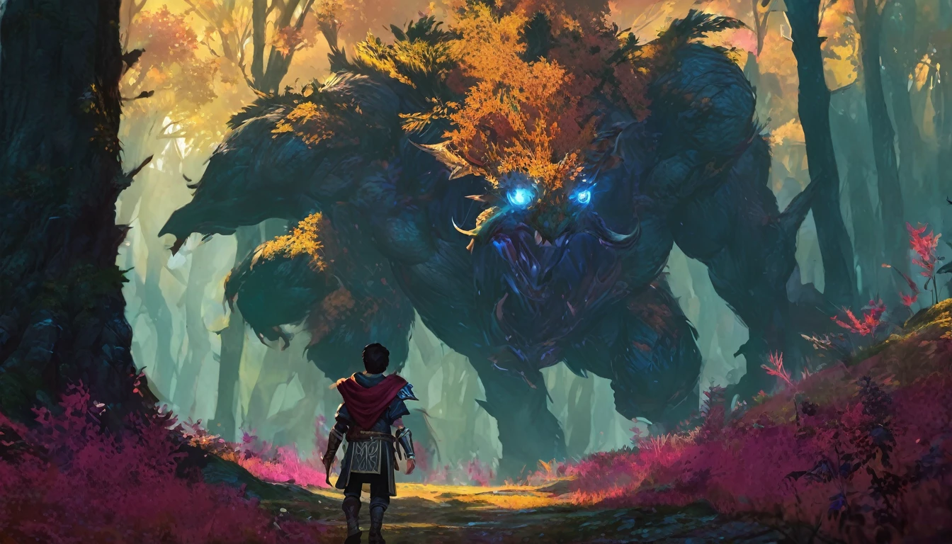 CLOSE UP a human boy walking in a dense forest, NIGHT,um monstro de aparência espectral
MEDIEVAL STYLE,high fantasy RPG style, League of Legends-inspired art style, dynamic poses, detailed facial features, cinematic lighting, vibrant colors, dramatic atmosphere, gritty realism, masterpiece, best quality, ultra-detailed, VALORANT