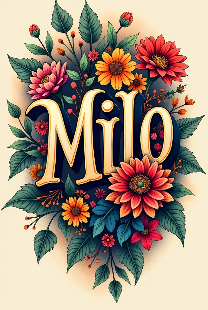 The difficulties of life in bloom with the name Milo in tattoo style with more cheerfulness