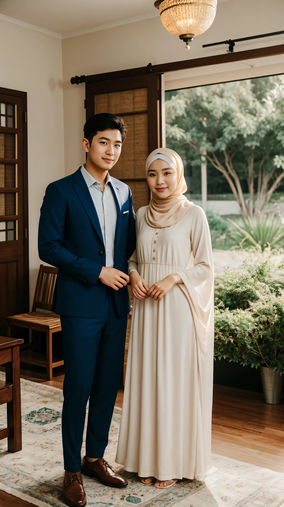 cute young wife in hijab and maxi dress, and her Korean husband in suit, standing in living room, looking to camera, photography,cozy atmosphere, morning scene,tranquil surroundings,serene expression,peaceful environment,pleasant weather,blissful ambiance,textured fabrics,exquisite detailing,loose hijab,comfortable clothing style,serene expression,joyful atmosphere,sunny day,bright and cheerful,face to viewer,body facing to viewer,full body portrait,tall background