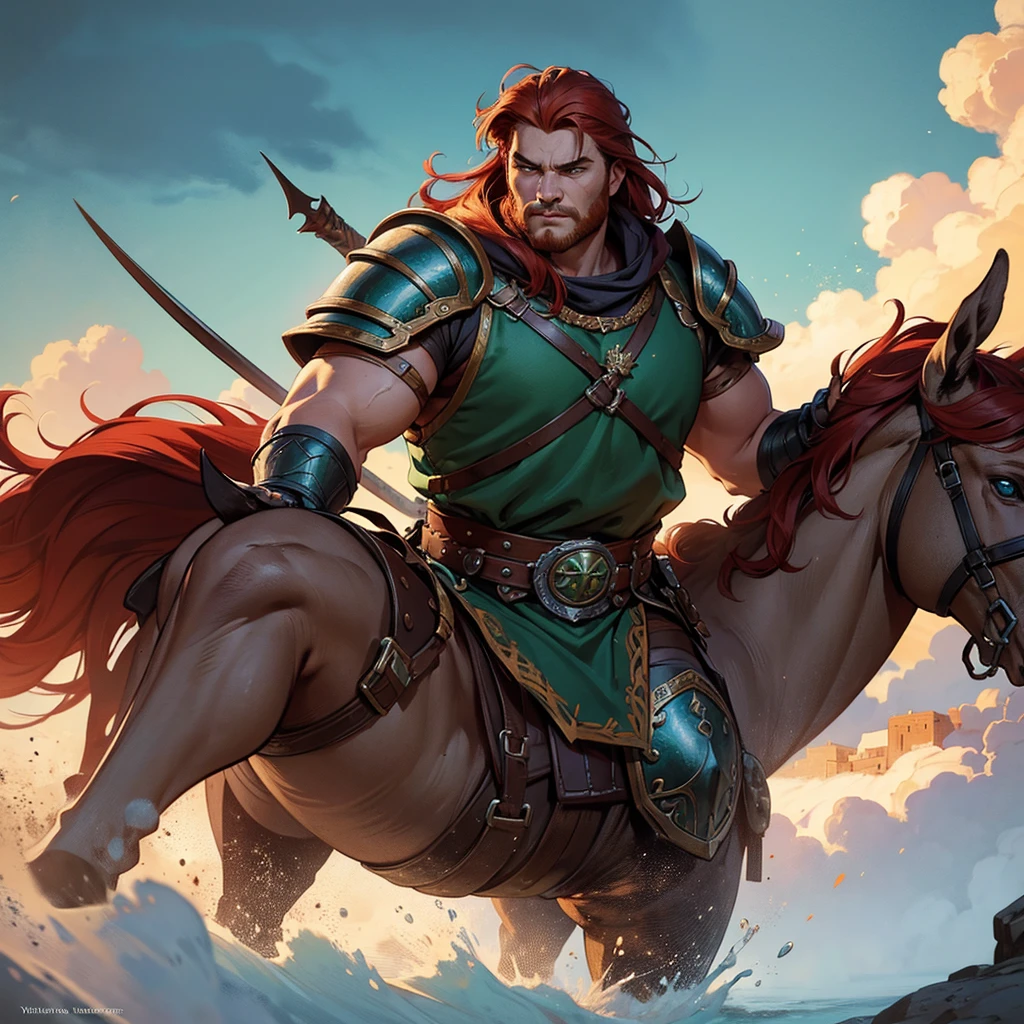 masterpiece, 20 year old young man, redhead with viking features, full armor outfit, young and manly face, a corpulent and stylized body, medieval fantasy, Fantasy Art, detailed fantasy digital art, estilo de Fantasy Art, fantasy style art., dark fantasy art, 4K fantasy art, epic estilo de Fantasy Art hd, detail hands, improve hand detail, focus face and enhance eyes, intense green eyes and piercing gaze, in the foreground only, White background