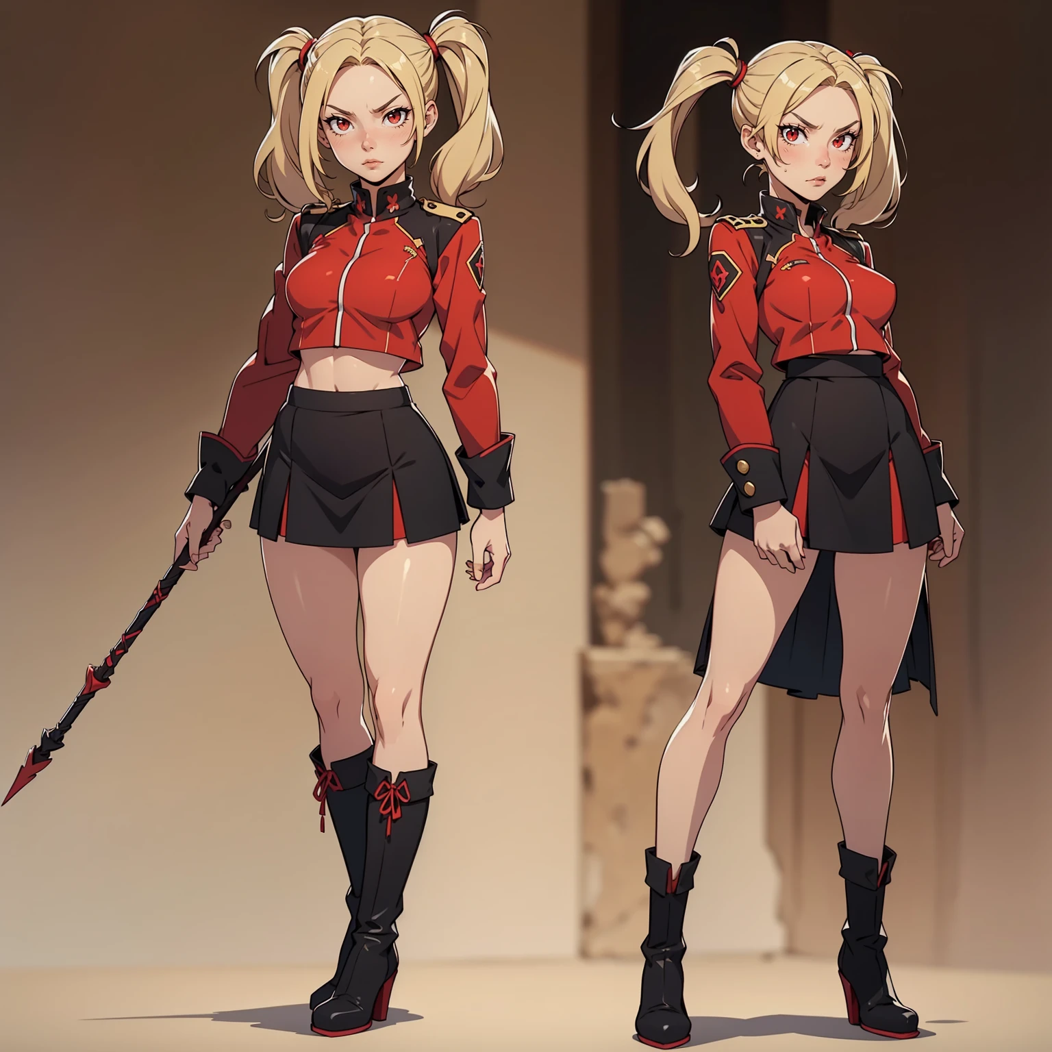 Very detailed, serious facial expression, small breasts, full body view, blonde hair with twintails, red eyes, looking at viewer, black and red uniform, skirt, black boots, holding spear.