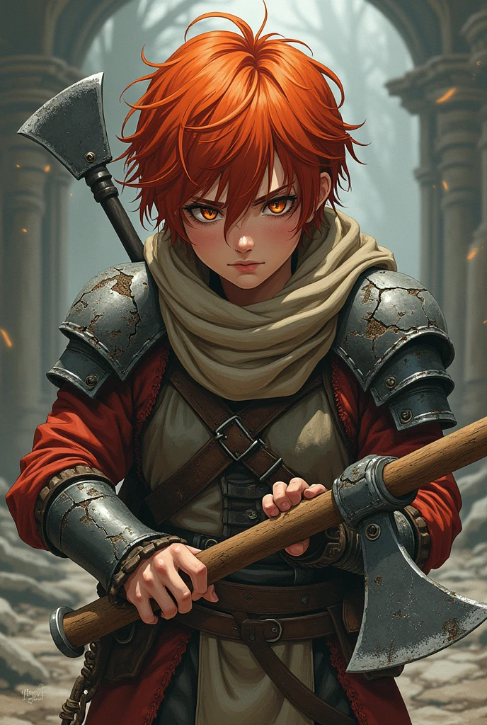 Young adult with short red hair, a warrior with worn clothes and broken armor, with a depressed face, with two axes in hands, Brown eyes, anime styling