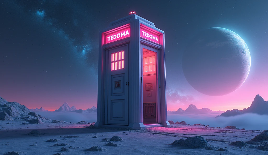 Há uma cabine telefônica no space com planetas ao fundo, rendered in keyshot, police station, futuristic cabins, cabine no estilo TRON LEGACY, represented as a 3D rendering, 3D rendering beep, space, police box, TEDOMA written at the top of the cabin, promotional rendering, sci-fi magic highly detailed