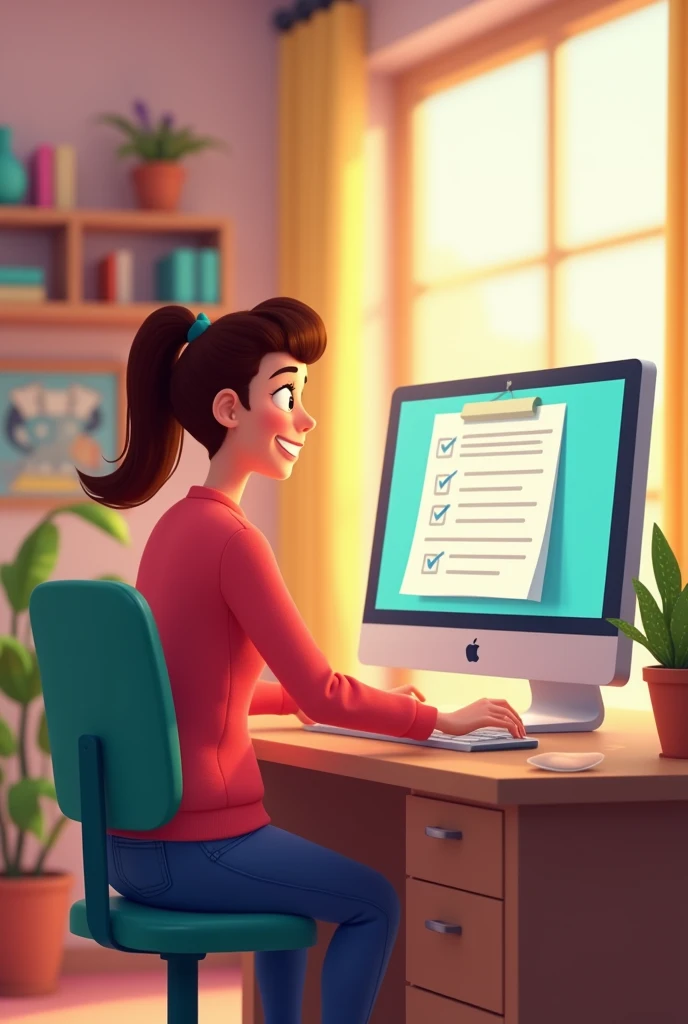 Animated cartoon where the client is shown on a computer screen, responding to a survey about the shopping experience
