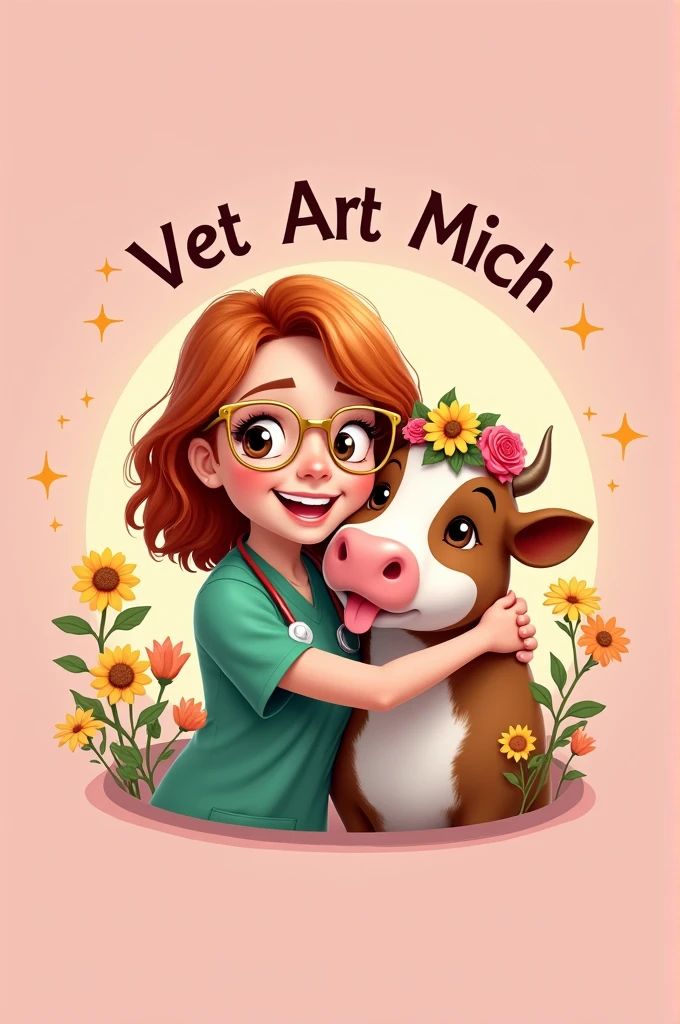Create a logo with a light pink background, with a young woman with shoulder-length copper hair, White glasses with gold, wearing a green veterinary uniform hugging a cow sticking its tongue out with a crown of roses and sunflowers, a halo of light surrounding them with sparkles and around it say Vet Art Mich