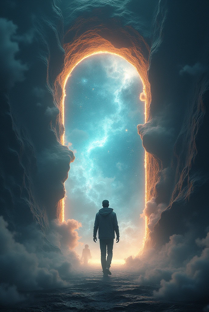 Human entering an unknown portal full of a universe, realist