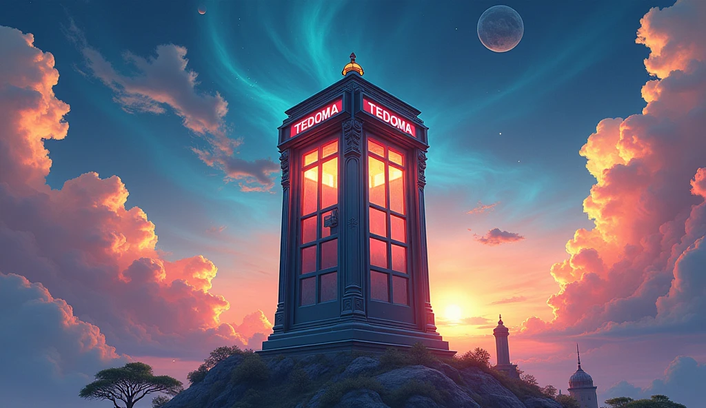Image generated of a telephone booth with a sky background, Promotional Art BBC, by Wayne England, Fantastical telephone booth, fancy, 3840x2160, 3840 x 2160, por Derek Hill, Dr. Quem, por Jason Benjamin, Direction: Steve Prescott, Written on top of the booth TEDOMA