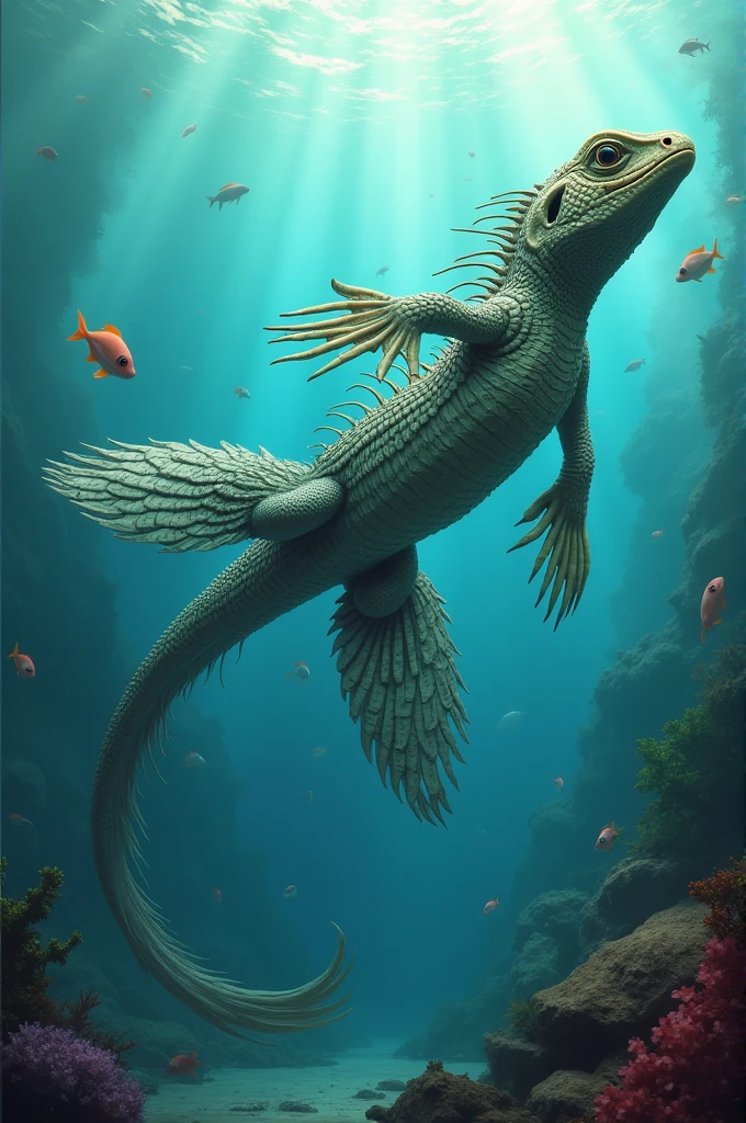 Can you please make me an image of a new evolved species that is the combination of the evolution of a lizard that later became marine, please, with fins that have similarities like a fish but are a lizard, please, let them have fins like those of a fish, please?
