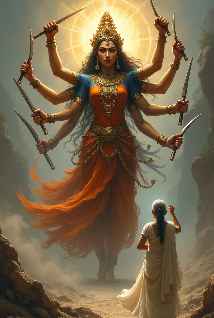 Multiple Goddess Durga is angry with fire eyes and stares on an old lady who is wearing white saree