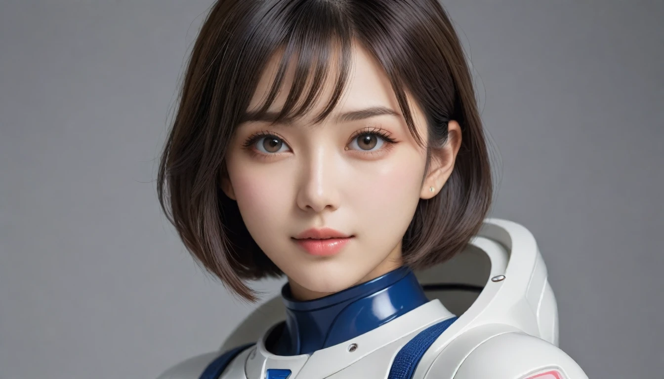 8k, Ultra-high resolution, Highest quality, masterpiece, 三分割法によるphotograph,Surreal, photograph, 1 , (:1.3), cute, cute顔, 細部までBeautiful Eyes, 細かくdetailedに,masterpiece,One Girl:1.2,Japanese women,Young Wife,upper body,smile,Black Short hair,Straight hair,(Space Suit:1.3),(Beautiful attention to detail),Subtle details, detailedな顔, smile,魅力的なsmile,Gray background,(ポートレートphotograph:1.4),(Photorealistic images:1.4),Fantasy art,(Beautiful Face:1.4),Beautiful and attractive eyes、Beautiful Eyes、(Tight waist:1.4)、(Beautiful with perfect body proportions:1.4),Pink Lips,(((Ideal body type))),A-cup small breasts :2,Perfect Anatomy、鮮明なdetailed、detailed,Fashion magazine cover,Thin lips,完璧でBeautiful Face ,完璧でcute顔, Skin with attention to detail, Perfect limbs、Narrow waist,Surreal,Light and shadow,spotlight