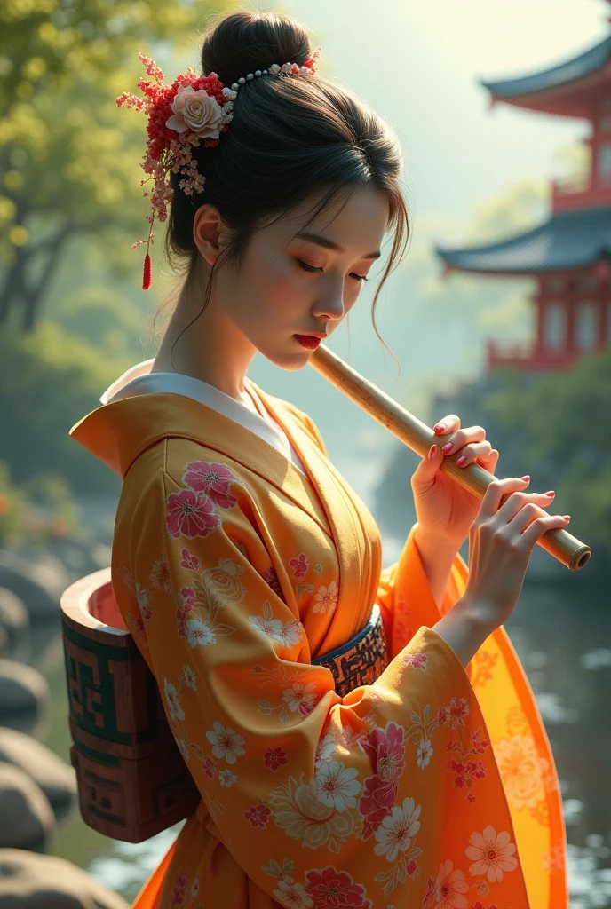 A woman in traditional Japanese clothing playing the flute
