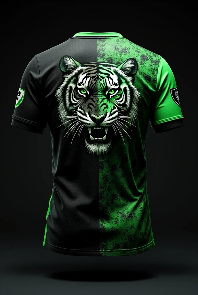 Make me a black and green team jersey with a tiger on the back, half with flesh and half just bone, with the Iranduba symbol.