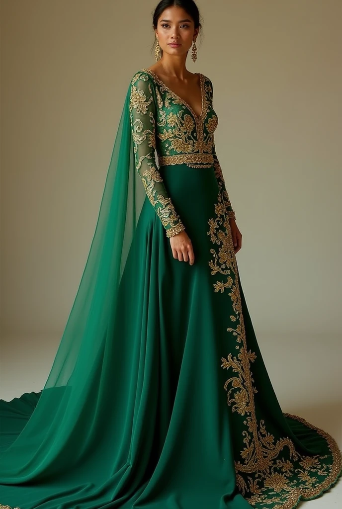 make a miss universe evening gown inspired as a singkil princess of maranao. make it modern in asymetrical cut serpent with trail. color must be gold accented by sarimanok color. make it elegamt and classy. add shillouette illusion cut in the hips add one sided chiffon ombre cape make it fully beaded i want color emerald green